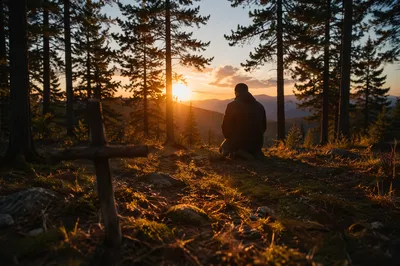 Silhouette Praying at Sunset Among Evergreens