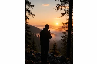 Praying Silhouette Among Pines at Sunset