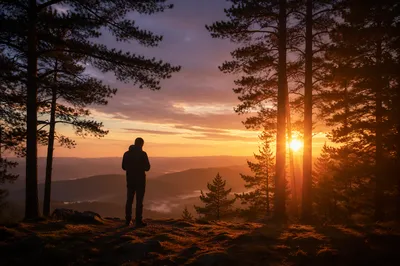 Silhouetted Prayer Among Evergreens at Sunset