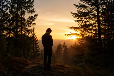 Silhouette Praying in Evergreen Sunset Light