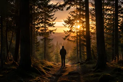 Silhouette Praying on Evergreen Forest Path