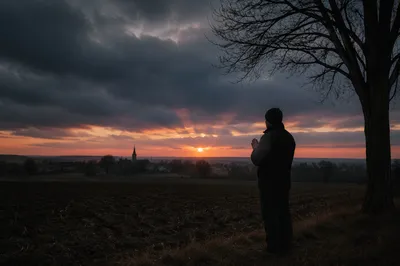 Silhouette Praying at Rural Sunset Sky