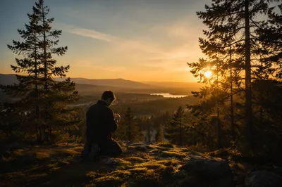 Silhouette Praying at Evergreen Sunset