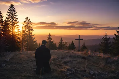 Silhouetted Prayer on Evergreen Hilltop at Sunset