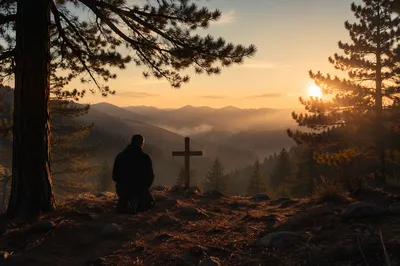 Silhouetted Prayer Among Sunset Pines