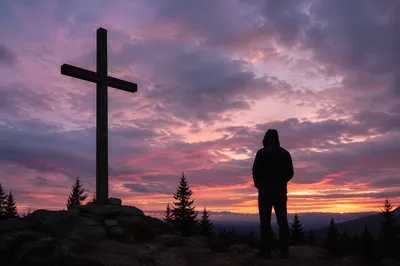 Silhouette Prayer Beside Cross at Sunset