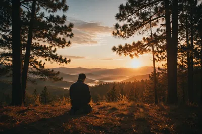 Silhouetted Prayer on Evergreen Sunset Hilltop