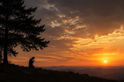 Silhouette Praying Beneath Evergreen Sunset Sky