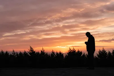 Silhouetted Prayer Beside Evergreens at Sunset