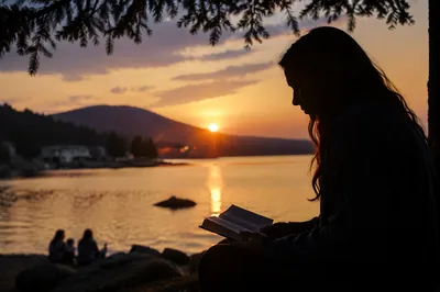 Silhouette Prayer by Lakeshore Sunset