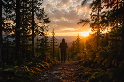 Silhouette Praying Among Evergreens at Sunset