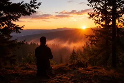 Silhouette Praying Beside Evergreen Sunset Forest