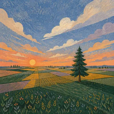 Solitary Evergreen Tree in Golden Farmland