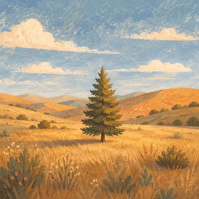 Solitary Evergreen in Golden Hour Field