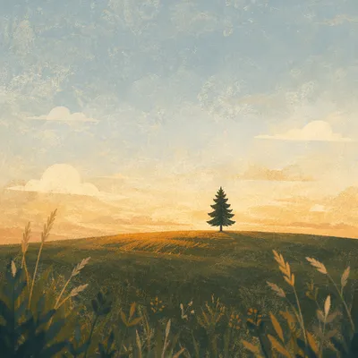 Solitary Evergreen Field at Golden Hour