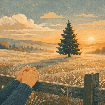 Lone Evergreen in Golden Meadow Prayer