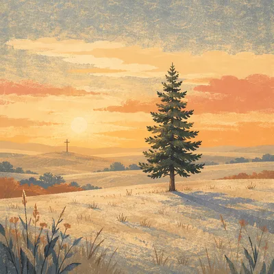 Lone Evergreen Tree at Golden Hour