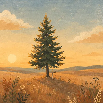 Lone Evergreen Cross at Golden Hour