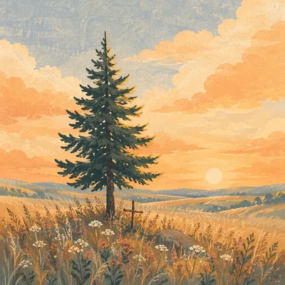 Solitary Evergreen Field at Golden Hour