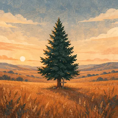 Solitary Evergreen in Golden Field