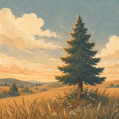 Solitary Evergreen in Golden Prayer Field