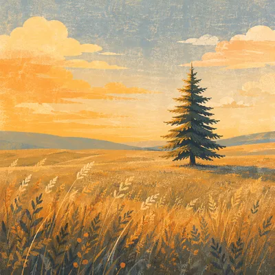 Lone Evergreen in Golden Meadow Light