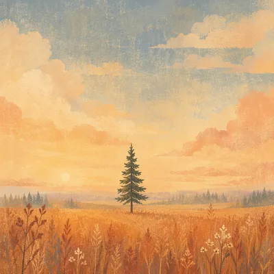 Lone Evergreen at Golden Hour Field