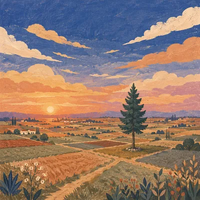 Solitary Evergreen at Golden Hour Field