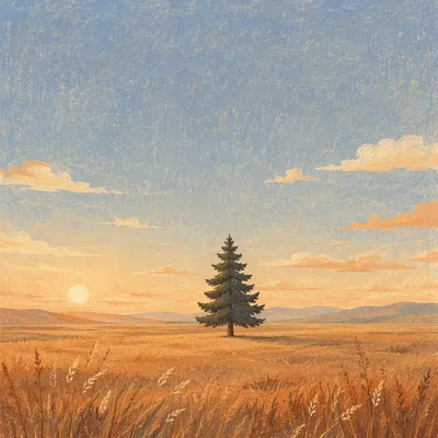 Lone Evergreen Tree at Golden Hour