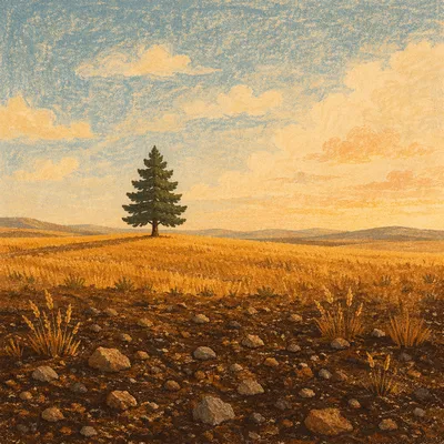 Lone Evergreen in Golden Open Field
