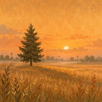 Solitary Evergreen in Golden Meadow