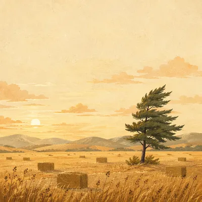 Lone Evergreen in Golden Harvest Field