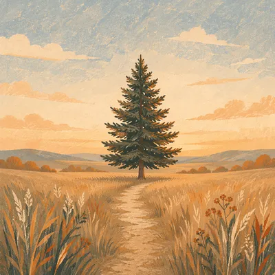 Lone Evergreen in Golden Windswept Field