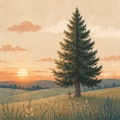 Lone Evergreen Tree at Golden Hour