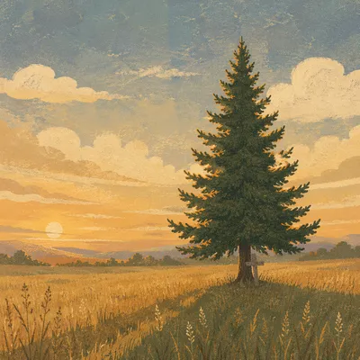 Lone Evergreen Tree at Golden Hour