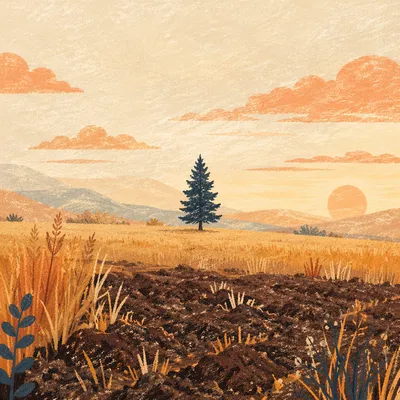 Lone Evergreen in Golden Hour Field