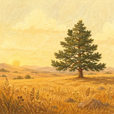 Lone Evergreen Tree in Golden Field