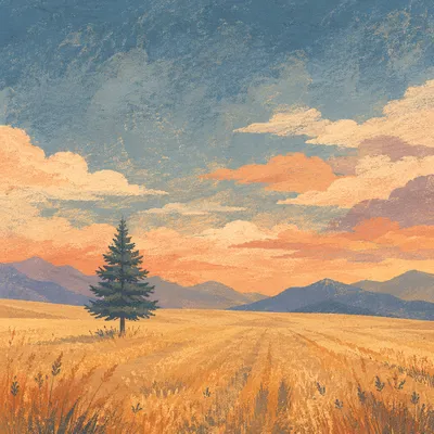 Solitary Evergreen in Golden Hour Field