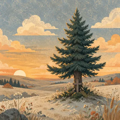 Lone Evergreen Tree at Golden Hour