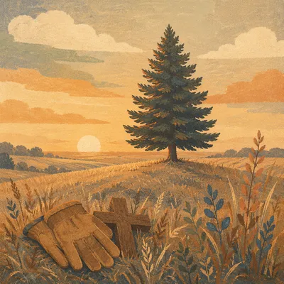 Evergreen Tree in Golden Hour Prayer Field