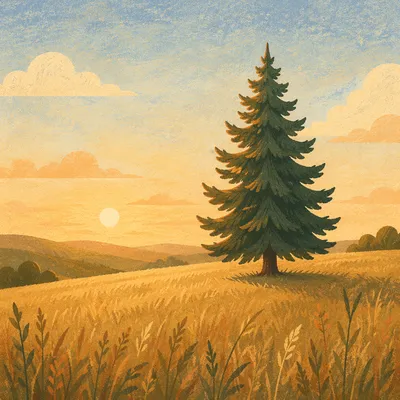 Solitary Evergreen Tree in Golden Meadow