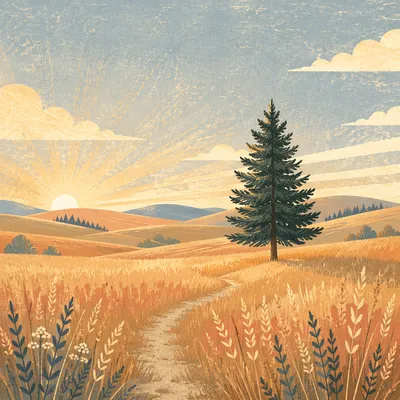 Solitary Evergreen in Golden Hour Field