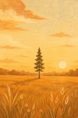 Lone Evergreen in Golden Hour Field