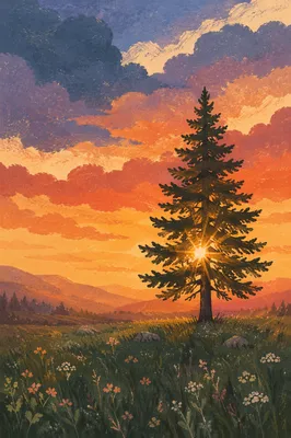 Lone Evergreen at Golden Hour Field