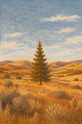 Solitary Evergreen in Golden Hour Field