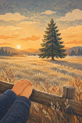 Lone Evergreen Meadow Prayer at Golden Hour