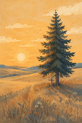 Solitary Evergreen Cross at Golden Hour
