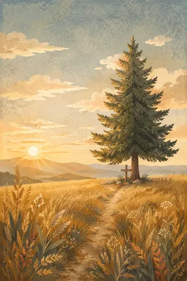 Evergreen Tree in Golden Field