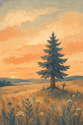 Solitary Evergreen Tree at Golden Hour