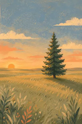 Solitary Evergreen in Golden Hour Field